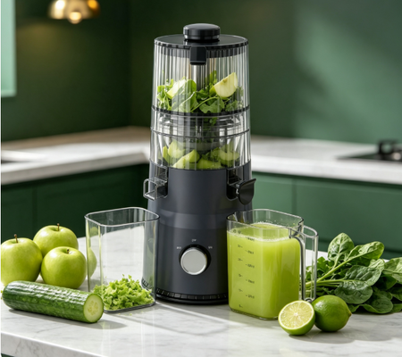 Fresh Smart HJ103 Kompakt Yavaş Sıkma Meyve Sıkacağı – 135mm Geniş Ağız, 200W Soğuk Sıkım ve Kendi Kendini Temizleme Özelliği ile Meyve Suyu Barını Eve Getirin